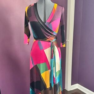Rainbow Faux Wrap Maxi Dress Size small, Janette John 3:16 Brand